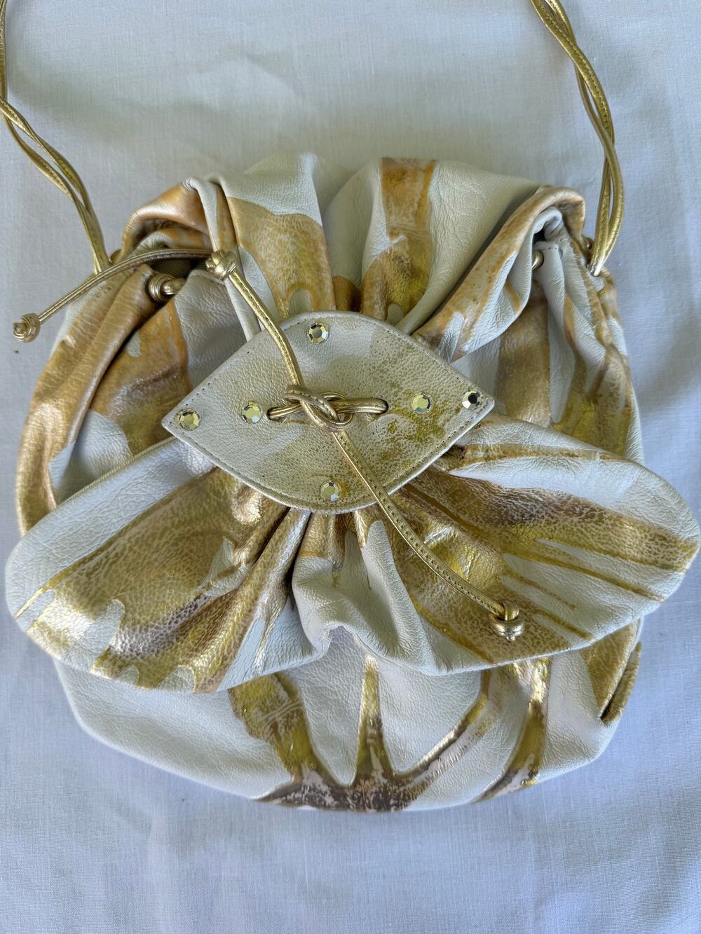 Vintage 80s Terry & Toni White Leather Gold Paint & Rhinestone Drawstring Pouch